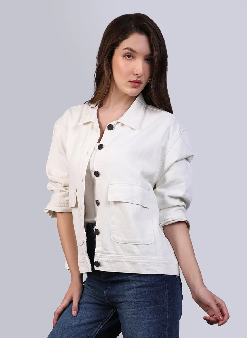 Urbano Fashion Urbano Fashion Women's White Relaxed Fit Full Sleeve Utility Denim Jacket